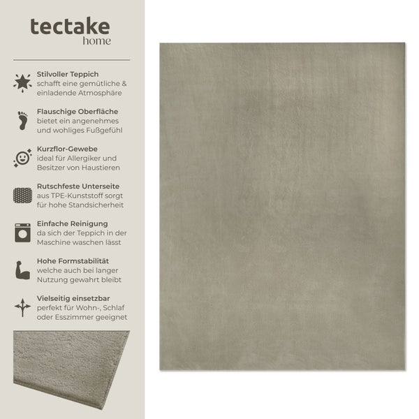 tectake home Logo. Kurzflor-Teppich mit flauschiger Oberfläche, rutschfester Unterseite, maschinenwaschbar und formstabil.