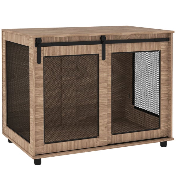 PawHut Hundekäfig Möbel, Hundebox mit 2 verschließbaren Türen, Beistelltisch für Zuhause, Hundehaus für große Hunde unter 30 kg, Stahl, 98 x 60 x 78 cm, Nussbaum