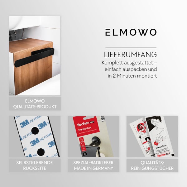 ELMOWO Handtuchhalter mit Montagezubehör und Fischer Badkleber fuer eine schnelle und einfache Wandmontage ohne Bohren im Badezimmer.