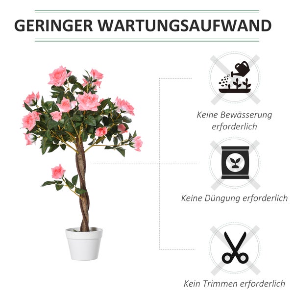 Dekorative Rose im Topf mit Hinweis auf geringen Wartungsaufwand