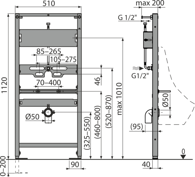 Technische Zeichnung mit Maßangaben für ein Urinal-Vorwandelement.