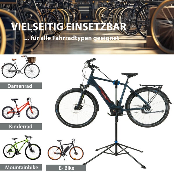 Fahrradmontageständer für verschiedene Fahrradtypen wie Damenräder, Kinderräder, Mountainbikes und E-Bikes zur einfachen Reparatur und Wartung.