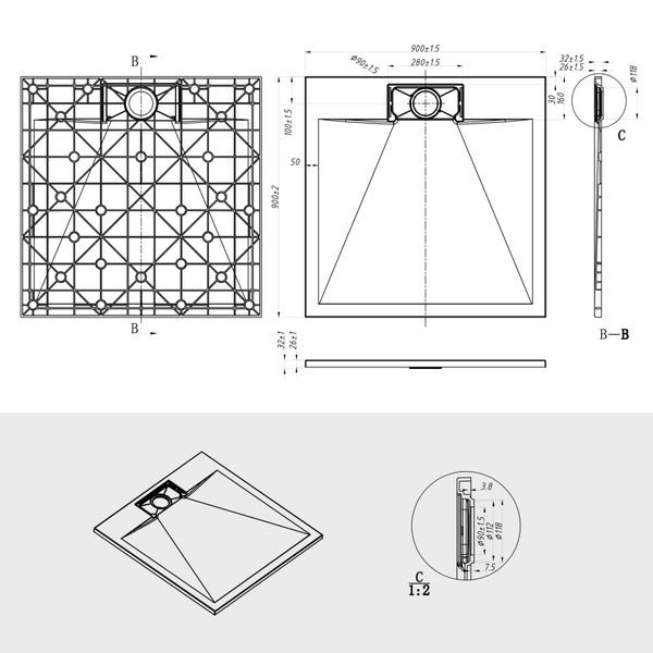 Technische Zeichnung einer quadratischen Duschwanne mit Maßen 900 mal 900 Millimeter, Draufsicht, Unteransicht und Querschnitten.