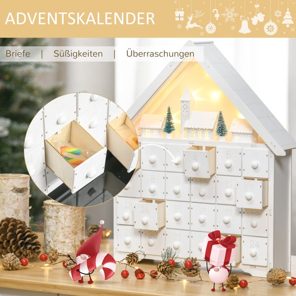 Adventskalender aus weißem Holz in Hausform mit 24 Schubladen und beleuchteter Winterszene. Detailansicht einer geöffneten Schublade mit Süßigkeit.