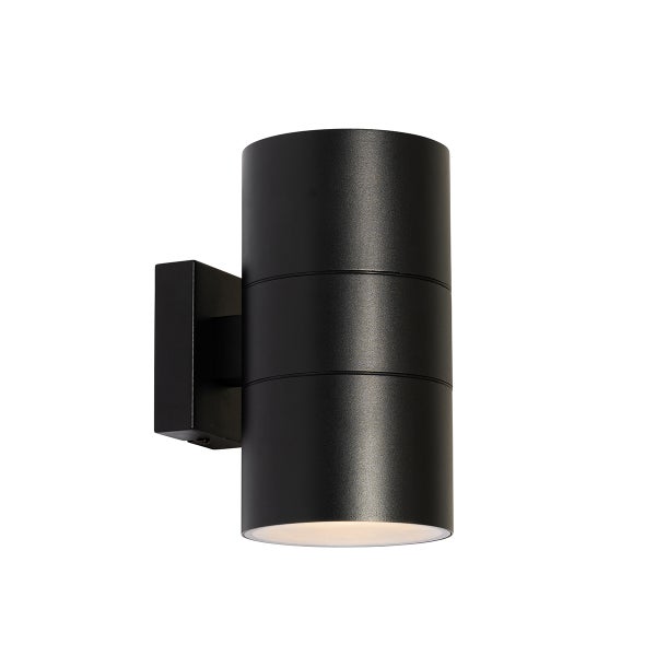 Zylindrische Außenwandleuchte in Schwarz, modernes Design, Lichtaustritt oben und unten für die Fassadenbeleuchtung.