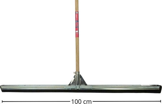 Bodenschieber mit Holzstiel, Metallrahmen und Gummilippe, Breite 100 Zentimeter.