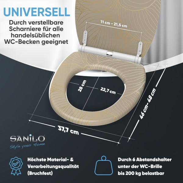 WC-Sitz Blattmuster, SANILO Logo, verstellbare Scharniere, 37,7 Zentimeter breit, 46 bis 48 Zentimeter lang, belastbar bis 200 Kilogramm.