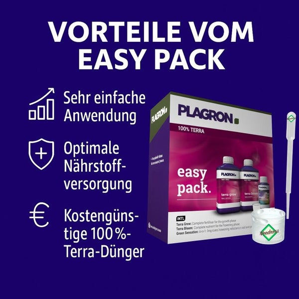 Plagron Easy Pack Terra Dünger mit Hinweisen zu einfacher Anwendung, optimaler Nährstoffversorgung und Kostengünstigkeit