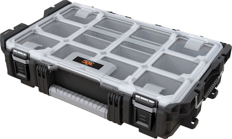 Sortimentskasten mit transparentem Deckel, herausnehmbaren Einsatzboxen, Tragegriff und stabilen Verschlüssen.
