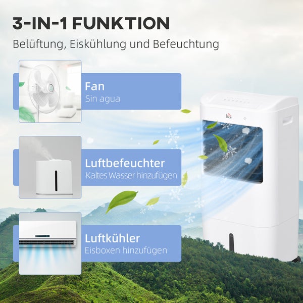 HOMCOM 3 in 1 Mobile Klimaanlage mit Luftbefeuchtung Wasserkühlung 15L 60° oszillierendes Klimagerät Luftkühler mit 7,5h Timer, Fernbedienung, LED-Anzeige, für 20 ㎡ Weiß 37 x 32 x 78 cm