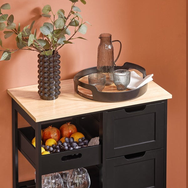 Servierwagen mit Schubladen, Obst und Getränken