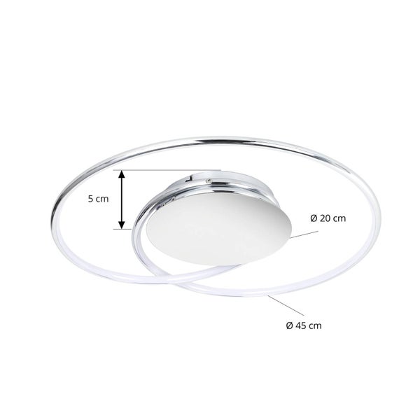 Moderne LED-Deckenleuchte aus Chrom mit den Maßen: Gesamtdurchmesser 45 Zentimeter, Innendurchmesser 20 Zentimeter und Höhe 5 Zentimeter.