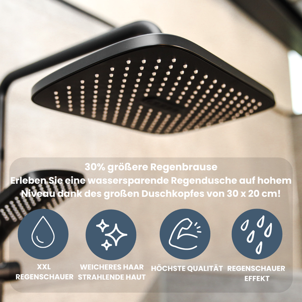 EcoRain 30% Wassersparender Regenduschkopf Mark 30 CM Rechteckig - Hoher Wasserdruck - Universeller Anschluss - Anti-Kalk Duschkopf - Schwarz