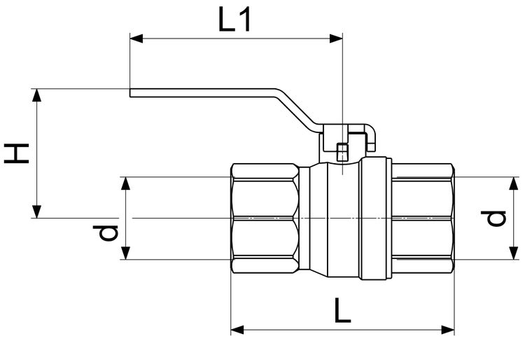 Technische Zeichnung eines Kugelhahns mit Maßen für Länge, Hebellänge, Höhe und Durchmesser.