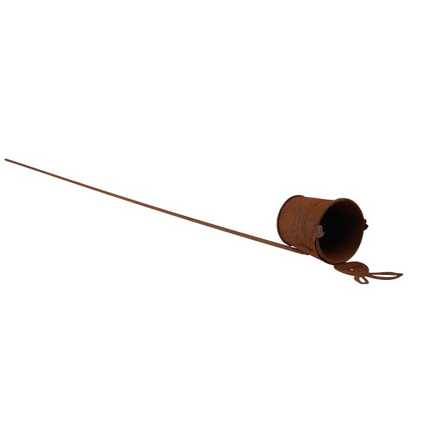 Gartenstecker aus Metall in Edelrostoptik mit Eimer und Hasenfigur.