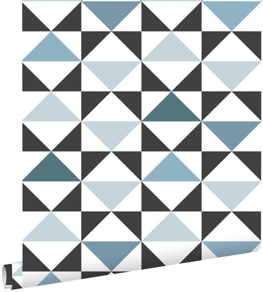 ESTAhome Tapete grafische Dreiecke Weiß, Schwarz, Vintage Blau und Hellblau - 0,53 x 10,05 m - 139097