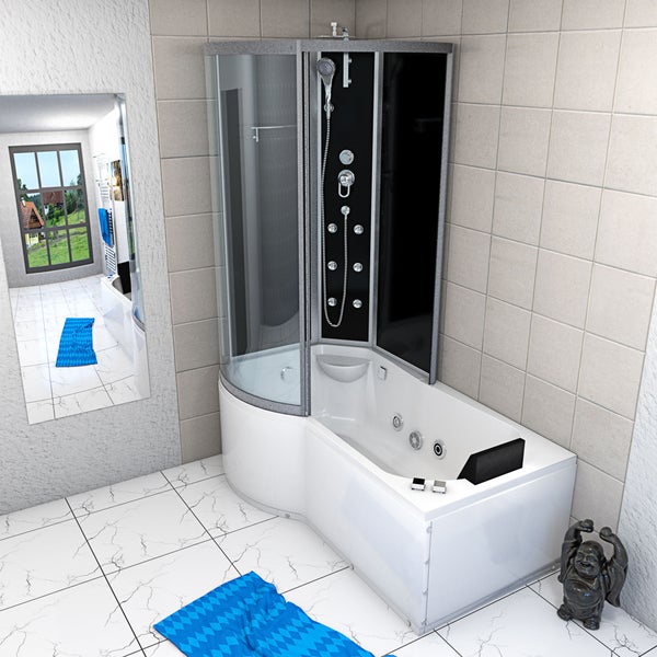 Moderne Dusch-Badewannen-Kombination mit Whirlpool-Funktion, gebogener Glasduschkabine und Duschpaneel in einem hell gefliesten Badezimmer.