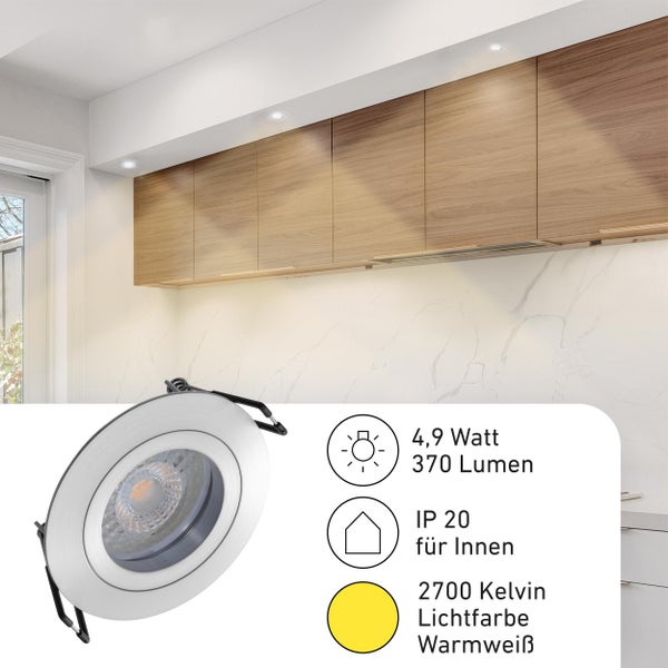LED Einbaustrahler für den Innenbereich mit 4,9 Watt und 370 Lumen bei 2700 Kelvin warmweißer Lichtfarbe inklusive technischer Spezifikationen