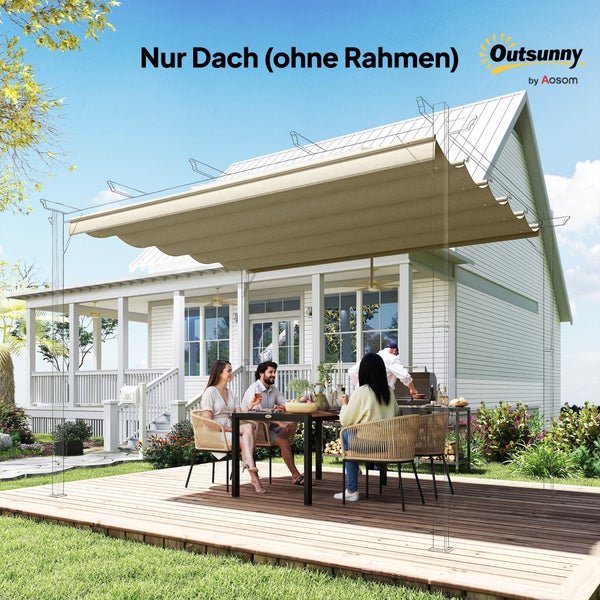 Ersatzdach für Pergola auf einer hölzernen Terrasse mit Sitzgruppe vor einem weißen Haus. Nur Dach ohne Rahmen. Outsunny Logo.
