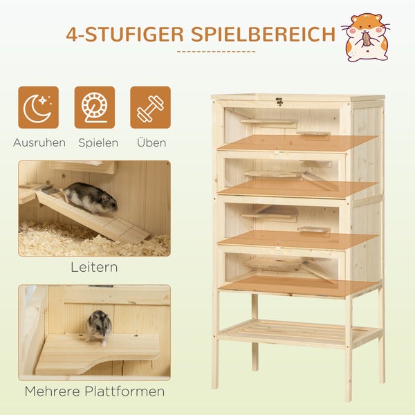 PawHut Kleintierkäfig 5 Etagen mit Gitterdach Rampen Kleintierstall Käfig Nagerkäfig Meerschweinchenstall Tannenholz Naturholz 60 x 40 x 120 cm
