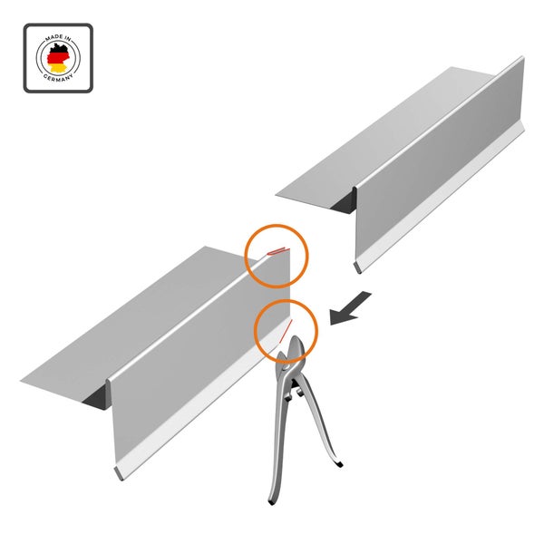 Illustration zur Verbindung zweier Metalldachrandprofile durch Einschneiden mit einer Blechschere. Hergestellt in Deutschland.