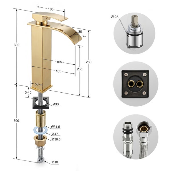 Goldfarbene Wasserfall-Waschtischarmatur mit technischen Maßen und Detailansichten der Kartusche, Unterseite und Anschlussschläuche.