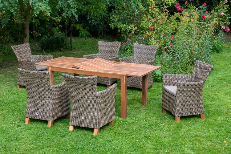 Toskana Gartemöbelset 7tlg., Gartensessel inkl. Auflagen, Ausziehtisch 150 (200) x 90 cm, natur