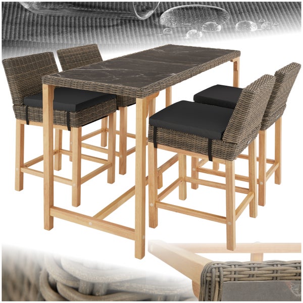 Rattan Tisch Lovas mit 4 Stühlen Latina tectake  Beine aus Holz mit Aluminiumgestellen natur