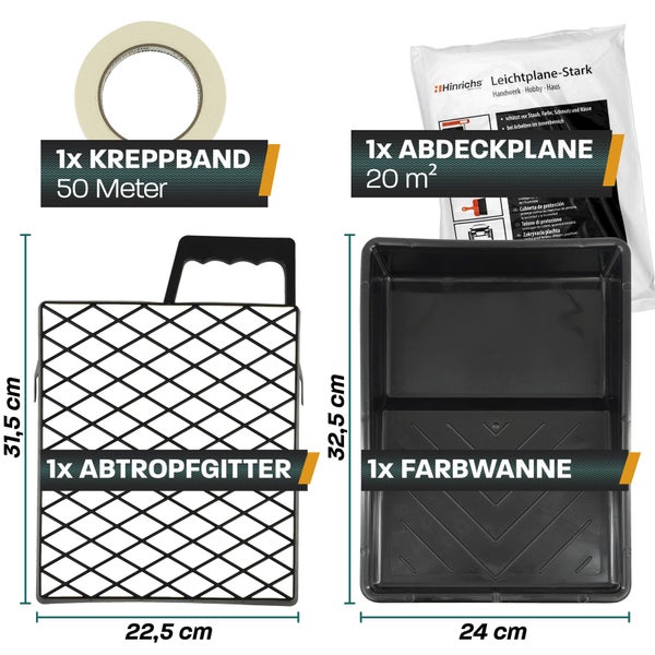 Hinrichs Malerset Streichen 12-teilig - Farbroller Set mit Farbwanne, Abstreifgriff, Abdeckplane, Kreppband, Pinsel, Farbroller Wandfarbe, Steckbügel