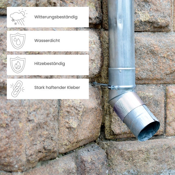 Reparaturband an einem Metall-Fallrohr. Witterungsbeständig, wasserdicht, hitzebeständig und stark haftend.