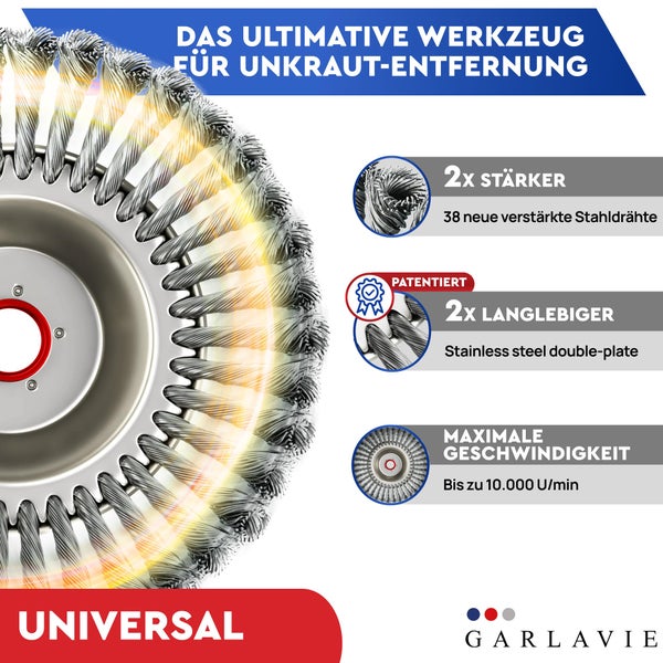 GARLAVIE Profi Unkrautbürste Freischneider mit 25,4mm Bohrung - Hochwertige Wildkrautbürste für Motorsense - Drahtbürste Freischneider für effektive Moosentfernung, Silber
