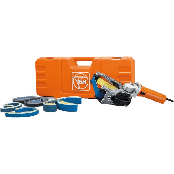 Fein Rohrbandschleifer Set mit verschiedenen Schleifbändern und Transportkoffer mit Fein Logo.