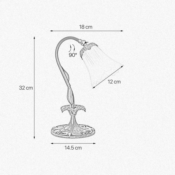 Technische Zeichnung einer Tischleuchte mit den Maßen 18 cm, 32 cm, 12 cm und 14,5 cm sowie einem 90 Grad Winkel.