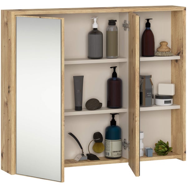 Badezimmer Spiegelschrank mit Holzoptik und geöffneten Türen, gefüllt mit Pflegeprodukten