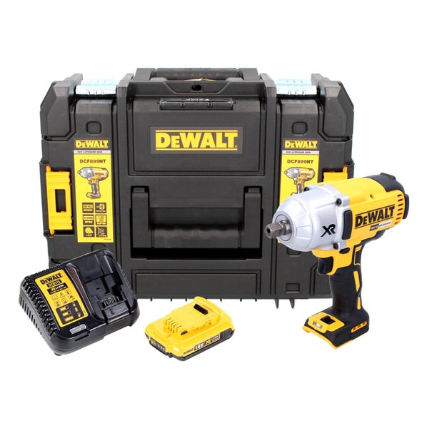 DeWalt Akku-Schlagschrauber Set mit 18 Volt Lithium-Ionen Akku, Ladegerät und Transportkoffer. DeWalt Logo.