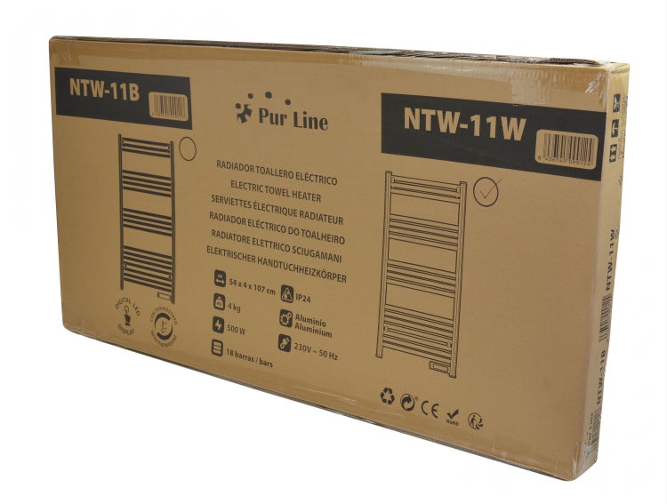 Verpackungskarton eines Pur Line Elektro-Handtuchheizkörpers mit technischen Daten