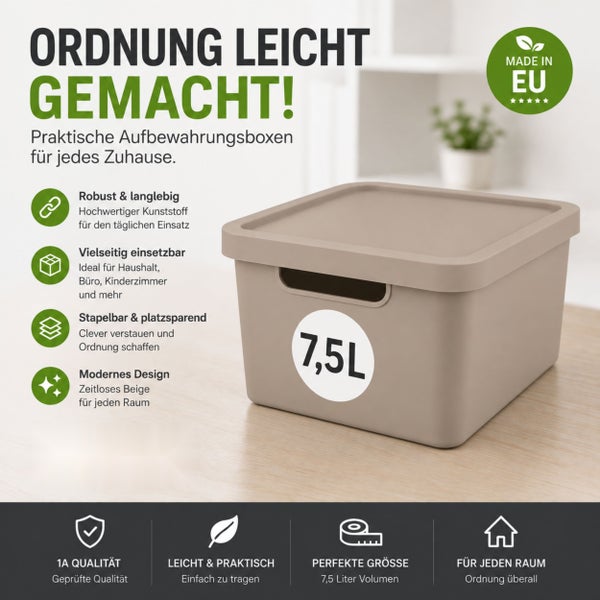 Stapelbare Aufbewahrungsbox aus Kunststoff mit Deckel, 7,5 Liter Volumen, geeignet für Haushalt und Büro, hergestellt in der Europäischen Union.