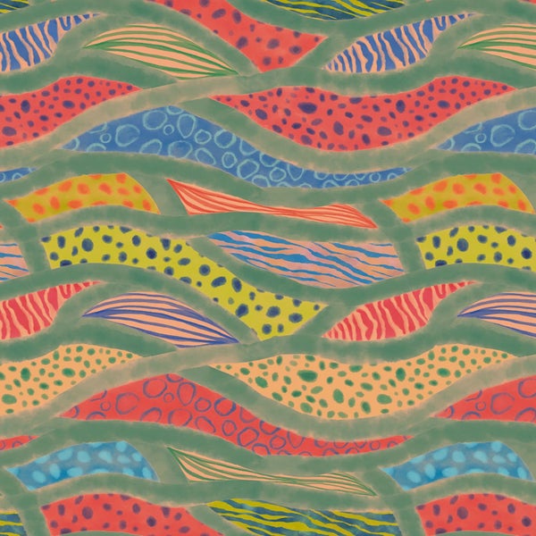 Dekoratives Muster mit wellenförmigen Linien und verschiedenen Tierdrucken