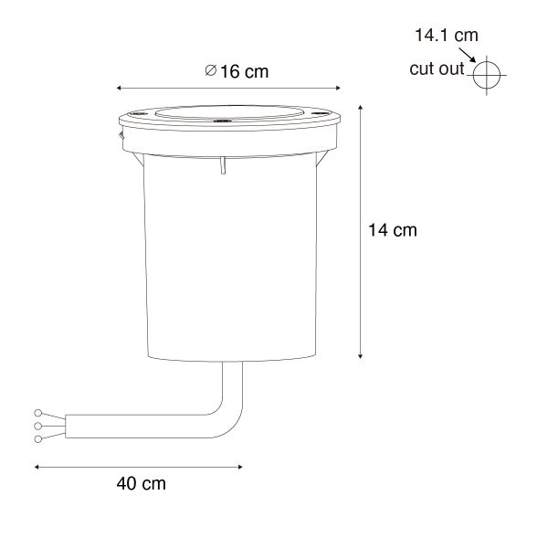 Technische Zeichnung einer Bodeneinbauleuchte mit Maßen: Durchmesser 16 Zentimeter, Höhe 14 Zentimeter, Lochausschnitt 14,1 Zentimeter, Kabellänge 40 Zentimeter.