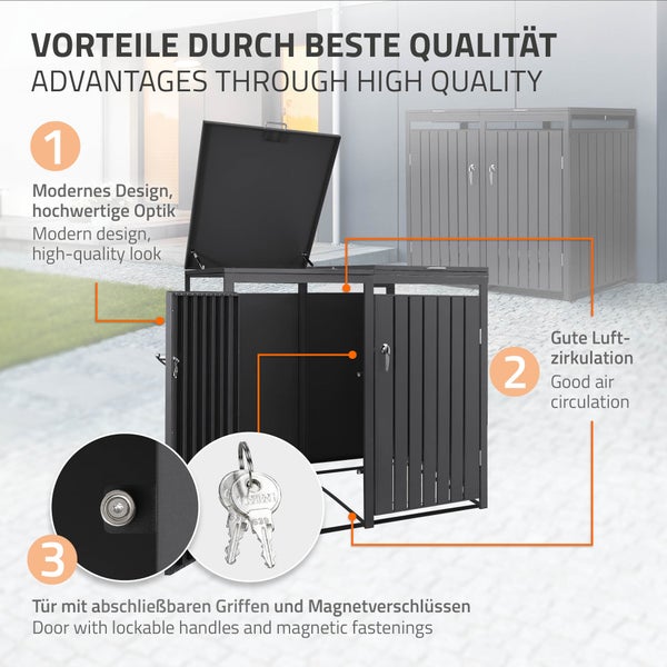 Mülltonnenbox aus Metall mit modernem Design, guter Luftzirkulation, abschließbaren Griffen und Magnetverschluss.