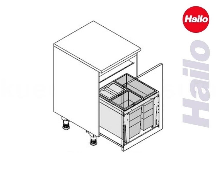 Hailo Abfalltrennsystem für Küchenunterschrank mit drei Behältern im Auszug und Hailo Logo.