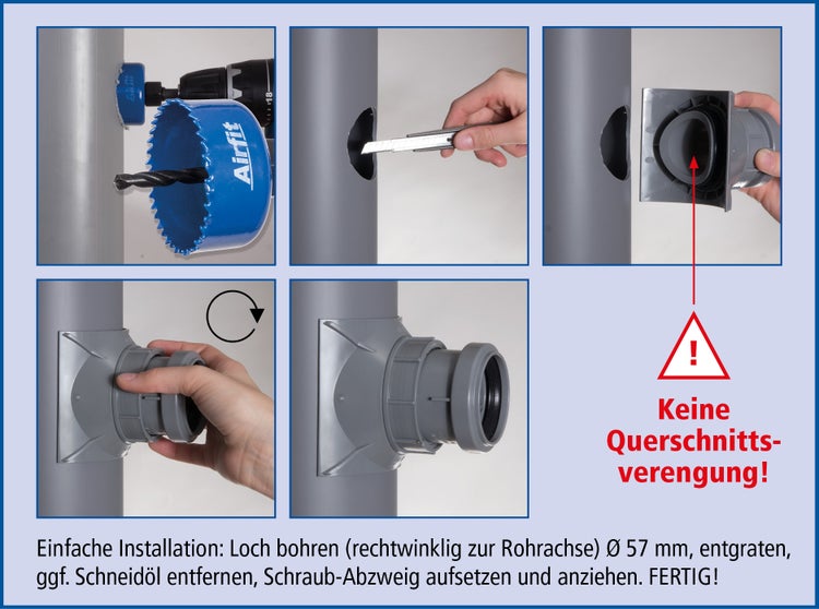 Montageanleitung für ein Airfit Schraub Abzweig für Fallrohre in fünf Schritten mit Lochbohren, Entgraten und Montage des Abzweigstücks.