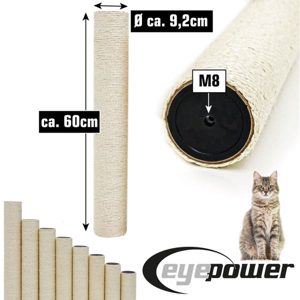 eyepower Sisal-Ersatzstamm für Kratzbäume, Länge circa 60 cm, Durchmesser circa 9,2 cm, M8-Gewinde. eyepower Logo.