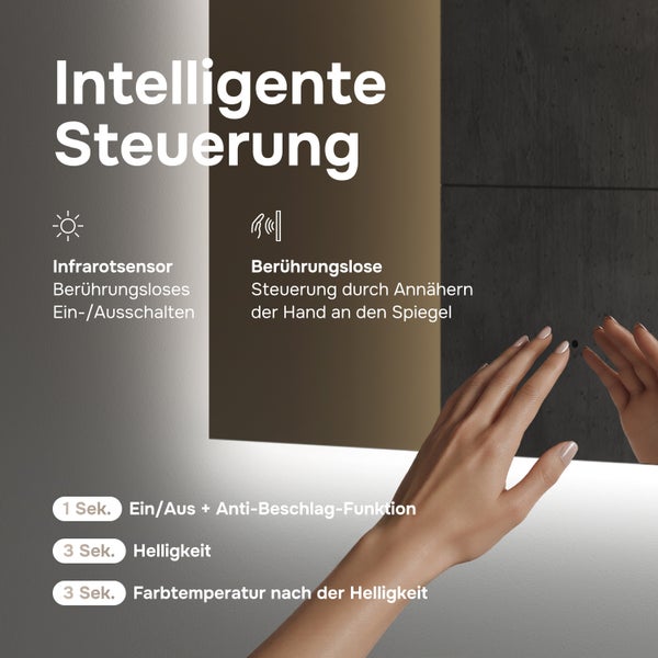 Intelligente Steuerung für beleuchtete Spiegel mit Infrarotsensor für berührungsloses Schalten, Helligkeitswahl und Anti-Beschlag-Funktion.