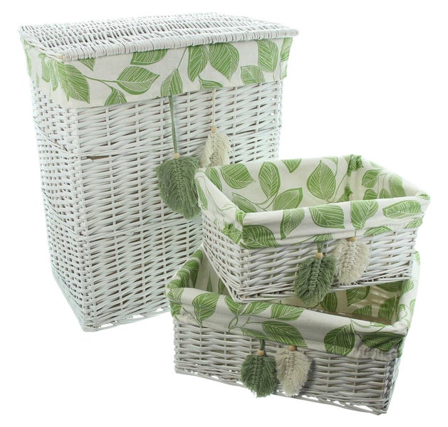 FRANK FLECHTWAREN | Korbset Blätter, 3tlg., Wäschekorb 47 x 35 x 55 cm, Füllkörbe 34 x 25 x 15 cm, 40 x 31 x 17 cm, WEIDE, TEXTIL, KUNSTLEDER,