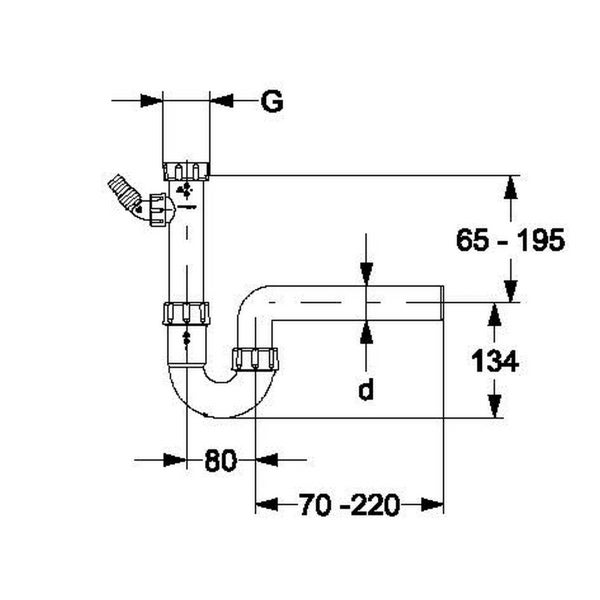 Technische Zeichnung eines Siphons mit Geräteanschluss und Bemaßung. Höhe 65 bis 195 Millimeter, Wandabstand 70 bis 220 Millimeter.