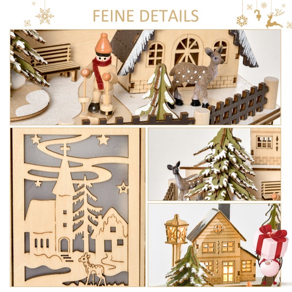 Detailansichten einer weihnachtlichen Winterlandschaft aus Holz mit beleuchteten Häusern, Figuren und verschneiten Tannen.