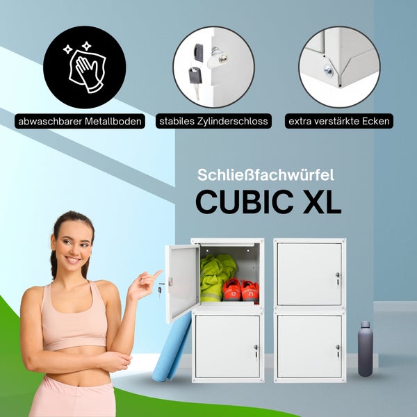 Schließfachwürfel CUBIC XL aus Metall mit stabilem Zylinderschloss, extra verstärkten Ecken und abwaschbarem Boden.