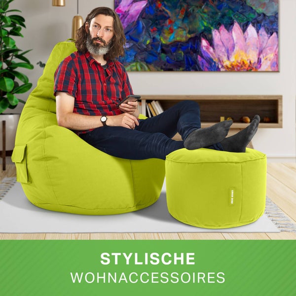 Green Bean 2er Set Sitzsack + Hocker - fertig befüllt - robust waschbar schmutzabweisend - Kinder & Erwachsene Bean Bag Bodenkissen Lounge Sitzhocker Relax-Sessel Gamer Gamingstuhl Pouf - Hellgrün