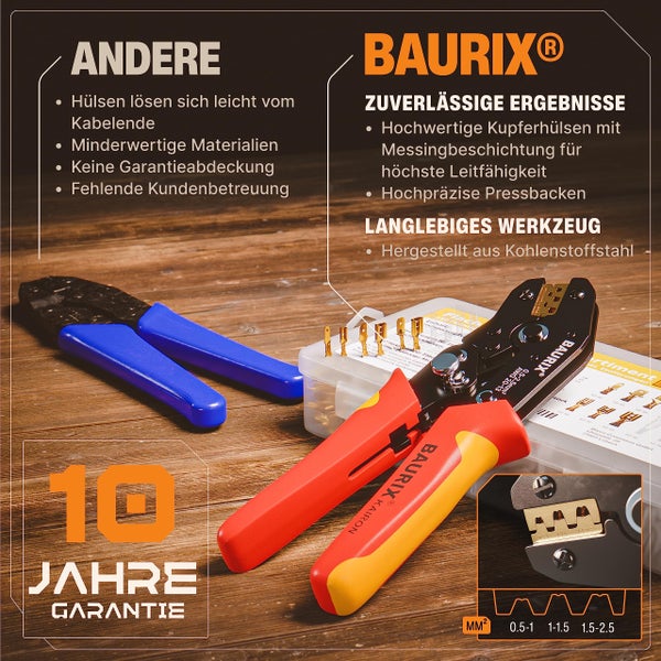 BAURIX® Crimpzange inkl. 300 Stück Flachsteckhülsen Set I Krimpzange für 0,50-2,50 mm² Steckverbinder I Crimpzangen Tool, Crimp Zange, Flachsteckhülsenzange, Crimpwerkzeug